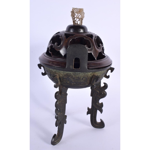 224 - A CHINESE QING DYNASTY BRONZE ARCHAIC STYLE CENSER AND COVER with jade finial, decorated all over wi... 