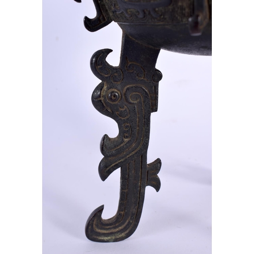 224 - A CHINESE QING DYNASTY BRONZE ARCHAIC STYLE CENSER AND COVER with jade finial, decorated all over wi... 