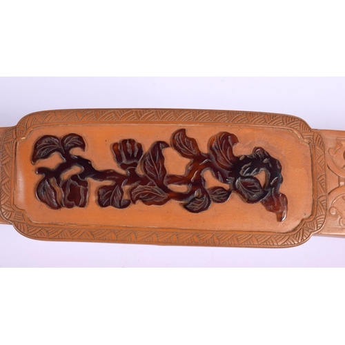 228 - A RARE 19TH CENTURY CHINESE BAMBOO VENEERED TORTOISESHELL RUI SCEPTRE decorated with fruiting vines ... 