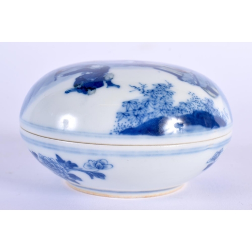 231 - A 19TH CENTURY CHINESE BLUE AND WHITE PORCELAIN BOX AND COVER bearing Qianlong marks to base, painte... 