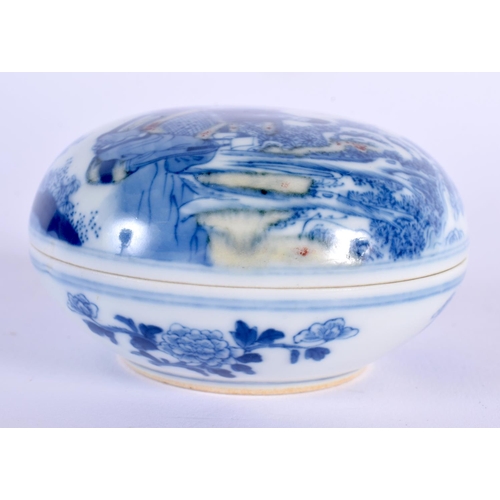 231 - A 19TH CENTURY CHINESE BLUE AND WHITE PORCELAIN BOX AND COVER bearing Qianlong marks to base, painte... 