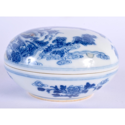 231 - A 19TH CENTURY CHINESE BLUE AND WHITE PORCELAIN BOX AND COVER bearing Qianlong marks to base, painte... 