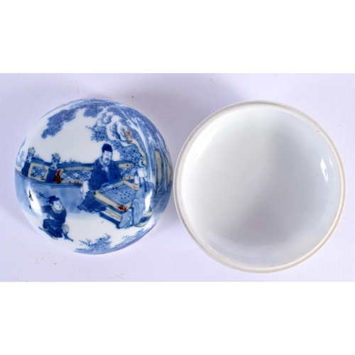 231 - A 19TH CENTURY CHINESE BLUE AND WHITE PORCELAIN BOX AND COVER bearing Qianlong marks to base, painte... 