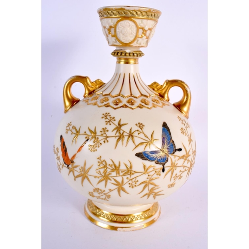 246 - AN ANTIQUE TWIN HANDLED ROYAL WORCESTER PORCELAIN VASE together with a similar vase & a Worcester fr... 