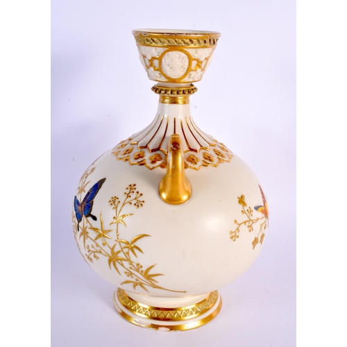 246 - AN ANTIQUE TWIN HANDLED ROYAL WORCESTER PORCELAIN VASE together with a similar vase & a Worcester fr... 