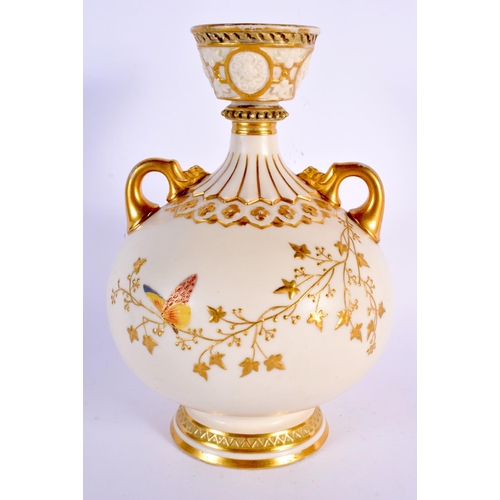 246 - AN ANTIQUE TWIN HANDLED ROYAL WORCESTER PORCELAIN VASE together with a similar vase & a Worcester fr... 