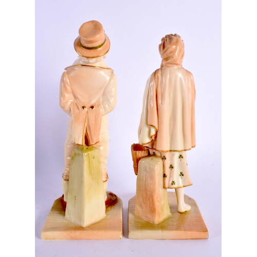 25 - A PAIR OF ROYAL WORCESTER FIGURE OF AN IRISH MAN AND WOMEN. 18 cm high.