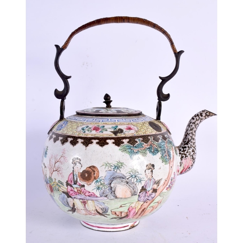 251 - A LARGE 18TH CENTURY CHINESE CANTON ENAMEL TEAPOT AND COVER Qianlong, together with two dishes. Larg... 