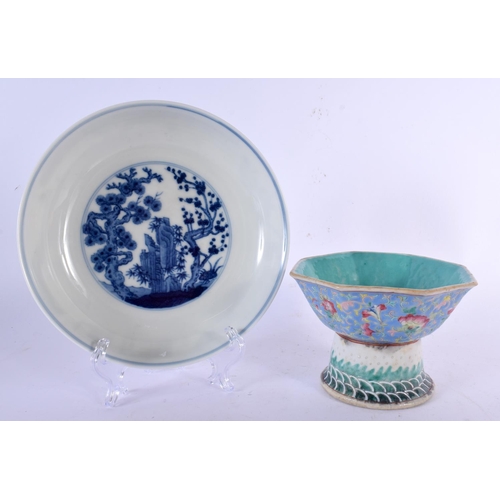 258 - A 19TH CENTURY CHINESE FAMILLE ROSE OCTAGONAL TAZZA together with a blue and white dish. Largest 17 ... 