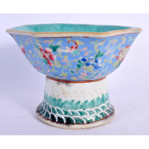 258 - A 19TH CENTURY CHINESE FAMILLE ROSE OCTAGONAL TAZZA together with a blue and white dish. Largest 17 ... 