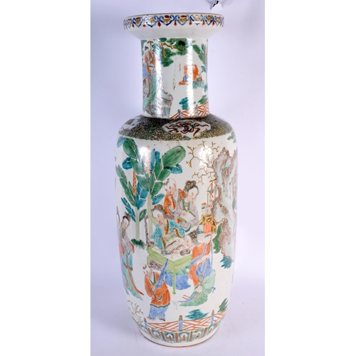 263 - A LARGE 19TH CENTURY CHINESE FAMILLE VERTE ROULEAU VASE Kangxi style. 62 cm x 19 cm.