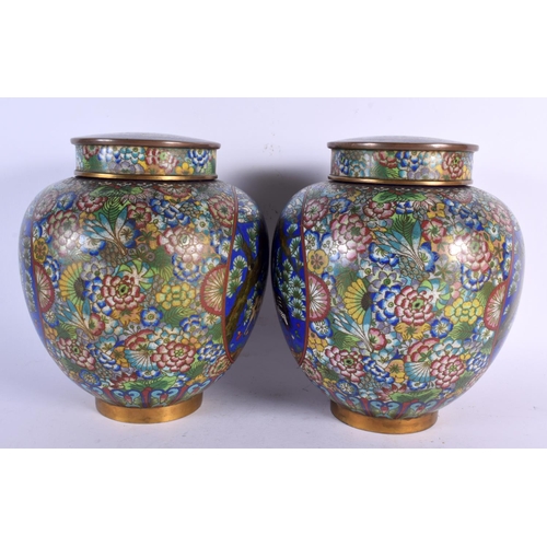 264 - A PAIR OF 19TH CENTURY CHINESE CLOISONNE ENAMEL GINGER JARS AND COVERS decorated with spotted deer a... 