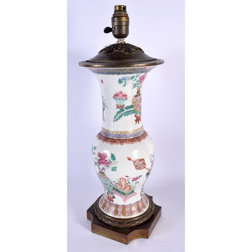 270 - A LARGE 19TH CENTURY CHINESE FAMILLE ROSE YEN YEN VASE converted to a lamp. 50 cm x 13 cm.