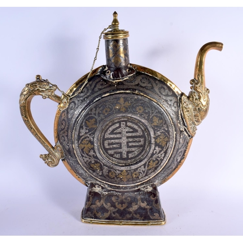 272 - A FINE AND RARE 18TH CENTURY EASTERN TIBETAN IRON BEER FLASK Chaang, silver inlaid with motifs and f... 