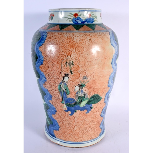 279 - A LARGE CHINESE QING DUNASTY WUCAI BALUSTER PORCELAIN VASE Transitional style, painted with figures ... 