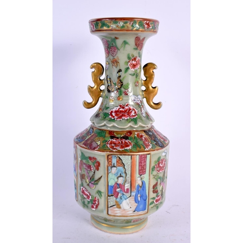 287 - A 19TH CENTURY CHINESE CELADON FAMILLE ROSE TWIN HANDLED VASE together with a calligraphy teapot and... 