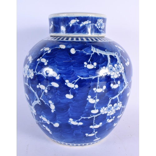 289 - A LARGE 19TH CENTURY CHINESE BLUE AND WHITE PORCELAIN GINGER JAR AND COVER bearing Kangxi marks to b... 