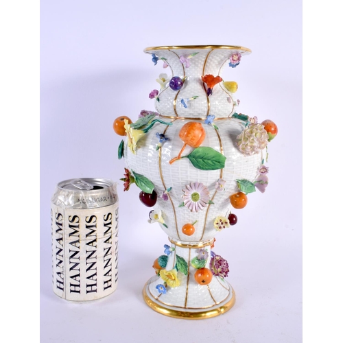 29 - A LARGE 19TH CENTURY MEISSEN PORCELAIN VASE encrusted with flowers. 24 cm x 12 cm.