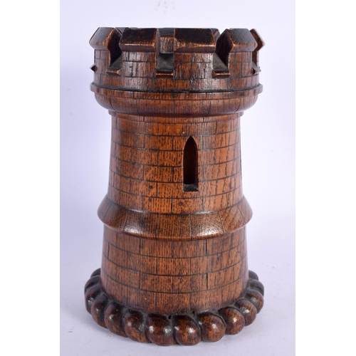 290 - A VICTORIAN CARVED OAK MODEL OF A TURRET. 18 cm x 8 cm.