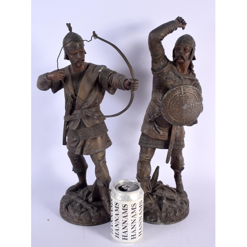 291 - A PAIR OF ANTIQUE SPELTER FIGURES OF WARRIORS. 43 cm high.