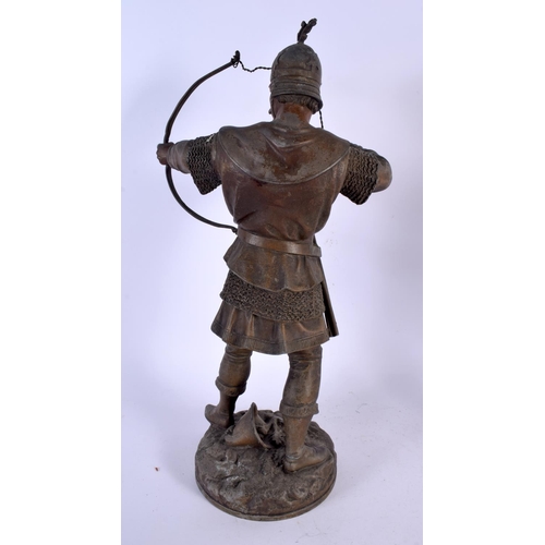 291 - A PAIR OF ANTIQUE SPELTER FIGURES OF WARRIORS. 43 cm high.