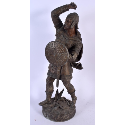 291 - A PAIR OF ANTIQUE SPELTER FIGURES OF WARRIORS. 43 cm high.