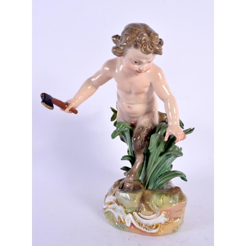 30 - A 19TH CENTURY MEISSEN PORCELAIN FIGURE OF A BOY modelled holding an axe. 16 cm x 10 cm.