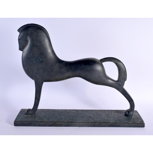 302 - A LARGE MID CENTURY MODEL OF A TROJAN HORSE modelled upon a rectangular plinth. 40 cm x 25 cm.