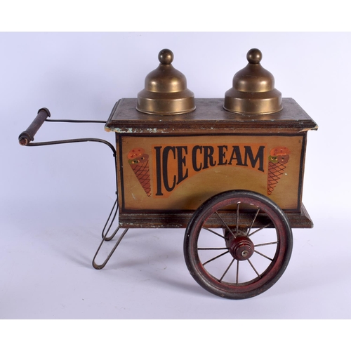 305 - A CHARMING FOLK ART NOVELTY PAINTED WOOD ICE CREAM TROLLEY with brass covers. 44 cm x 37 cm.