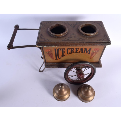 305 - A CHARMING FOLK ART NOVELTY PAINTED WOOD ICE CREAM TROLLEY with brass covers. 44 cm x 37 cm.