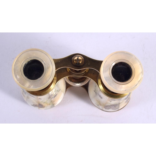 310 - A RARE PAIR OF AESTHETIC MOVEMENT MOTHER OF PEARL OPERA GLASSES engraved with motifs. 9 cm x 9 cm ex... 