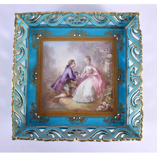 32 - A FINE 19TH CENTURY FRENCH SEVRES PORCELAIN SQUARE FORM DISH painted with lovers in a landscape. 16 ... 