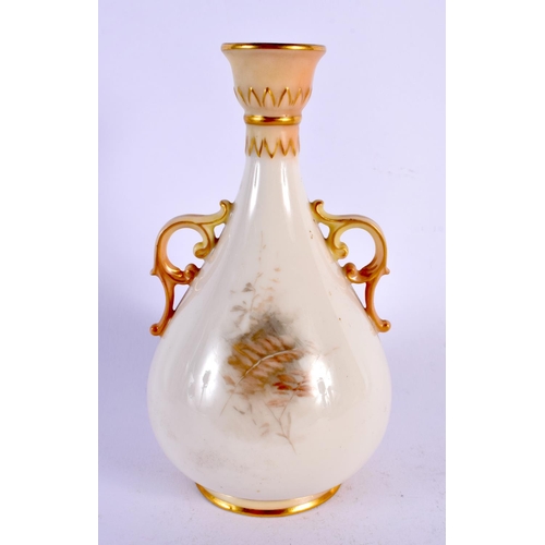 33 - A ROYAL WORCESTER TWIN HANDLED PORCELAIN VASE by James Stinton. 14 cm high.