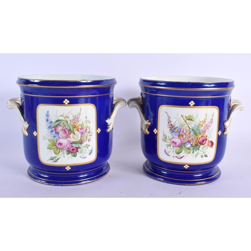 330 - A PAIR OF 19TH FRENCH SEVRES PORCELAIN TWIN HANDLED JARDINIERES painted with figures and foliage. 15... 