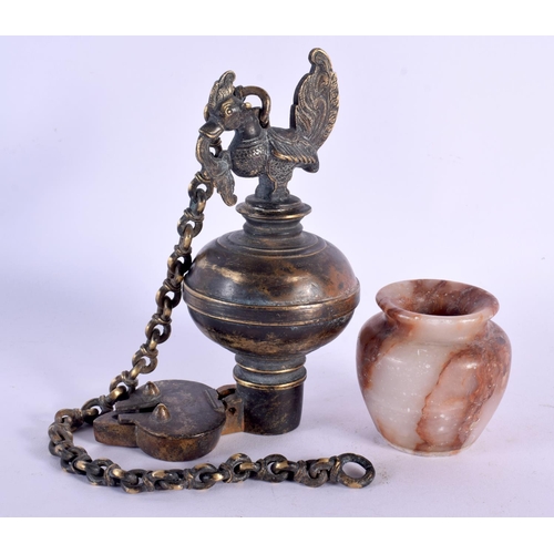 334 - A 19TH CENTURY INDIAN BRONZE HANGING HOLY OIL BURNER together with an alabaster jarlet. Largest 34 c... 