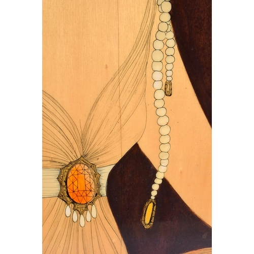 338 - A STYLISH EUROPEAN MID CENTURY LACQUERED WOOD PANEL OF A FEMALE modelled holding a pearl necklace. 1... 