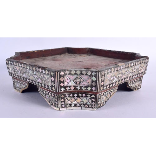 340 - AN 18TH/19TH CENTURY MIDDLE EASTERN OTTOMAN MOTHER OF PEARL STAND decorated with foliage. 22 cm x 24... 