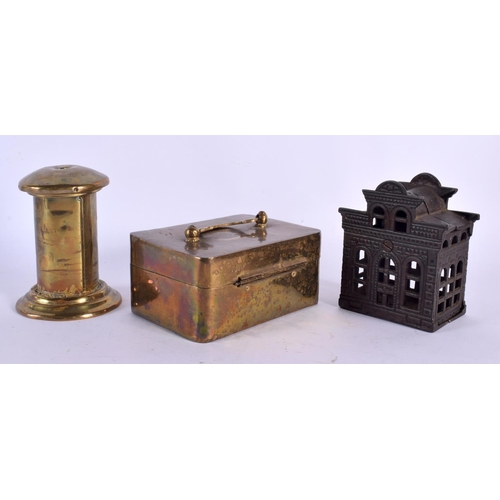 346 - TWO ANTIQUE ENGISH NOVELTY MONEY BANKS together with a George III sandwich box. Largest 14 cm wide. ... 