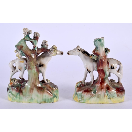 349 - AN EXTREMELY RARE PAIR OF 19TH CENTURY MINIATURE STAFFORDSHIRE HORSE SPILL VASES of naturalistic for... 