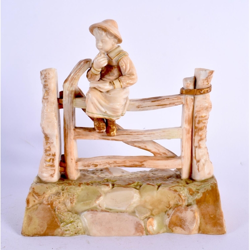 35 - AN UNUSUAL ROYAL WORCESTER FIGURE modelled upon a gate. 14 cm x 12 cm.