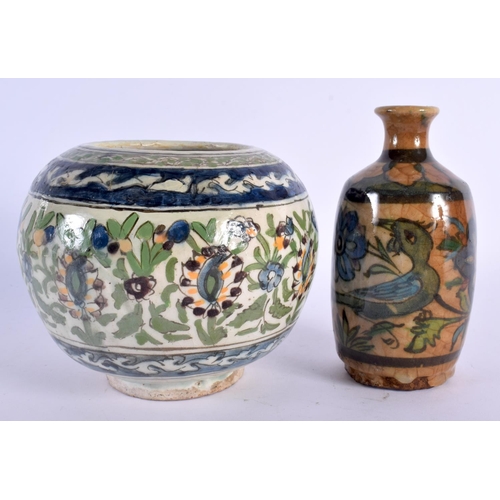 351 - A 19TH CENTURY PERSIAN QAJAR POTTERY BOWL together with a similar bottle vase. Largest 15 cm x 15 cm... 