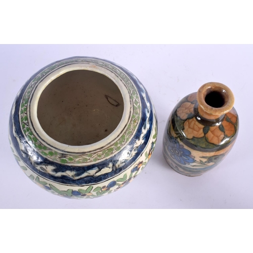 351 - A 19TH CENTURY PERSIAN QAJAR POTTERY BOWL together with a similar bottle vase. Largest 15 cm x 15 cm... 