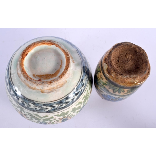 351 - A 19TH CENTURY PERSIAN QAJAR POTTERY BOWL together with a similar bottle vase. Largest 15 cm x 15 cm... 