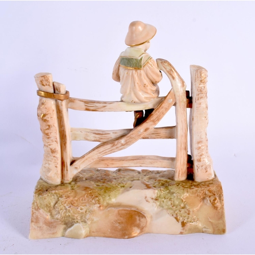 35 - AN UNUSUAL ROYAL WORCESTER FIGURE modelled upon a gate. 14 cm x 12 cm.