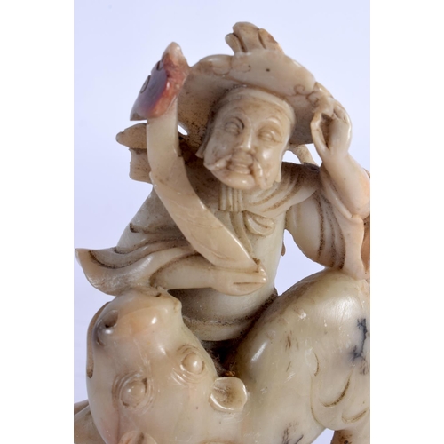 362 - AN 18TH CENTURY CHINESE CARVED SOAPSTONE FIGURE OF A MALE AND BEAST Qianlong/Jiaqing, together with ... 