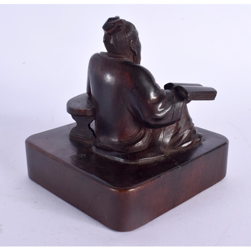 368 - A VERY UNUSUAL 19TH CENTURY CHINESE CARVED HARDWOOD SEAL Qing, possibly Zitan, modelled as a seated ... 