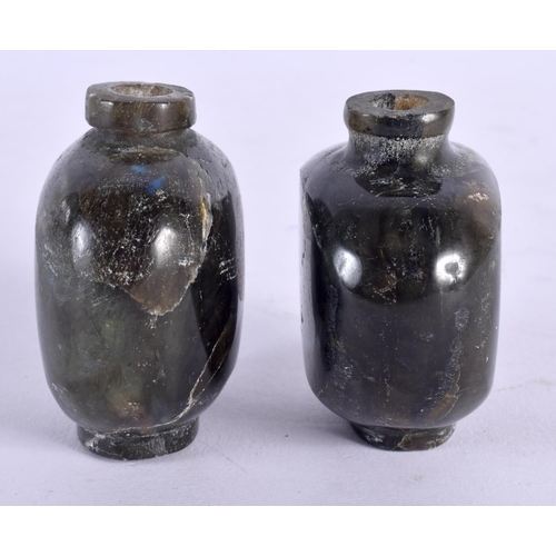 371 - A RARE PAIR OF 19TH CENTURY CHINESE CARVED OPAL STONE SNUFF BOTTLES Qing. 5.5 cm x 5 cm.