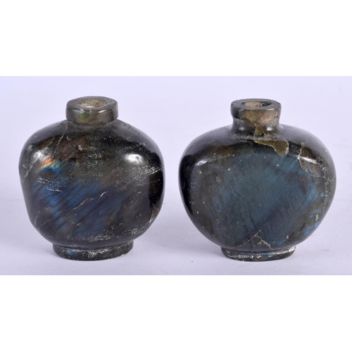 371 - A RARE PAIR OF 19TH CENTURY CHINESE CARVED OPAL STONE SNUFF BOTTLES Qing. 5.5 cm x 5 cm.