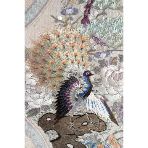 372 - A 19TH CENTURY CHINESE SILKWORK EMBROIDERED PANEL Qing, depicting birds within landscapes. 60 cm x 3... 