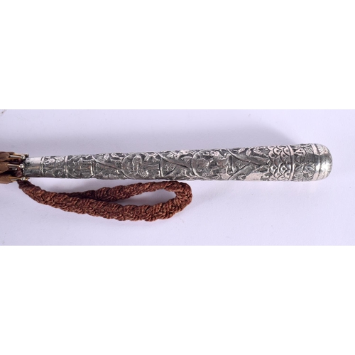 378 - A LARGE 19TH CENTURY INDIAN SILVER HANDLED PARASOL decorated with elephants. 83 cm long.